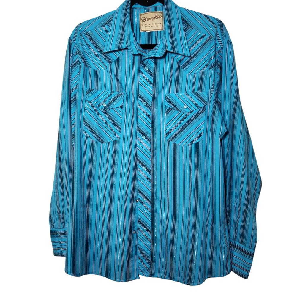 Wrangler Blue/Black/Silver Pearl Snap 
Long Sleeve Shirt Western Rustic Mens XL‎